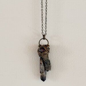 Spirit Nectar Garnet and Smoky Quartz Necklace with Circle Link Chain Beaded